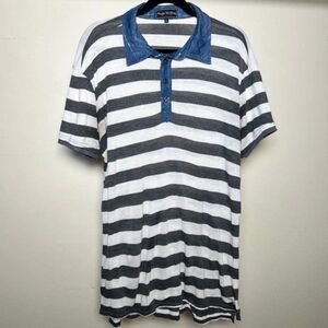 Foreign Exchange Mens Navy Blue and White Striped Extra Long Polo Shirt Size XL